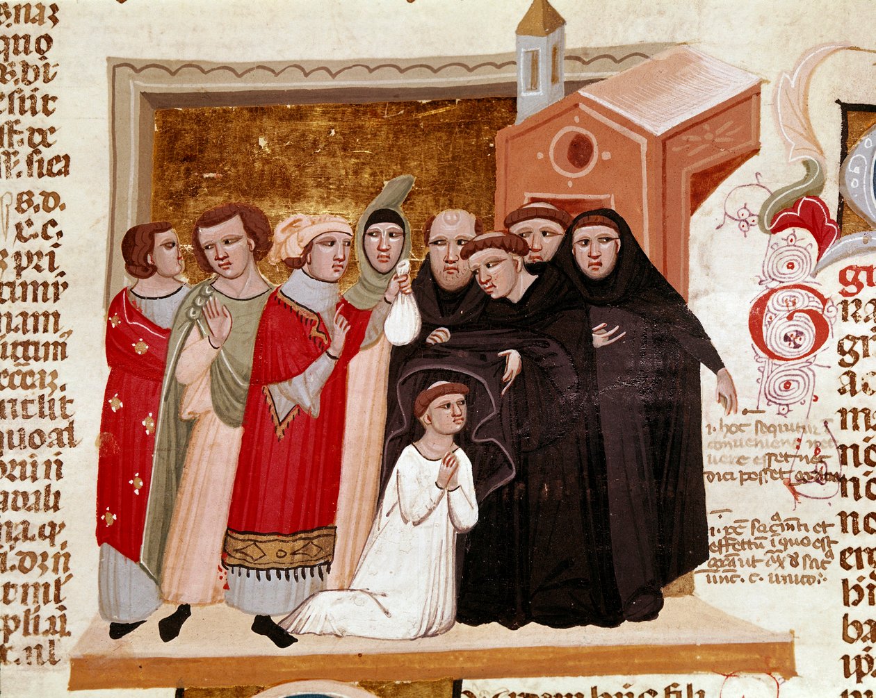 Ceremoni av en miniatyrmunk från "Decret de Gratien"" ("Concordia discordantium canonum" eller "Decretum Gratiani") från 1140 och reglerar den romersk-katolska kyrkans lagar och kanoner. 1300-talets Siena, Biblioteca degli Intronati av Italian School