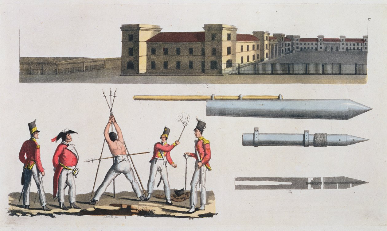 Chatham Barracks, ett militärt straff kallat Triangle and Congreve Rockets, skylt 17 från The History of the Nations (akvatint) av Italian School