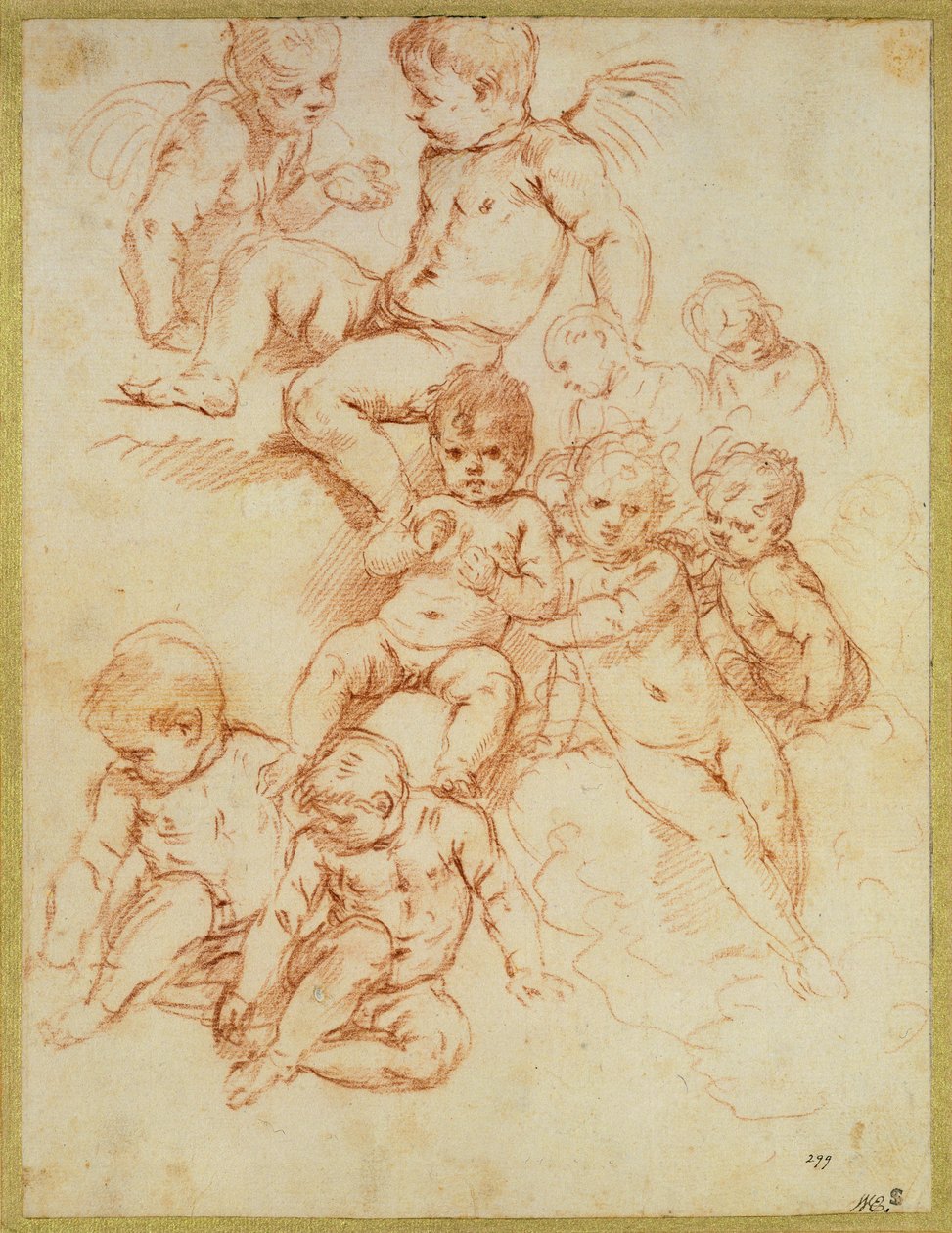 Keruber, tidigt 1600-tal (röd krita på papper) av Italian School