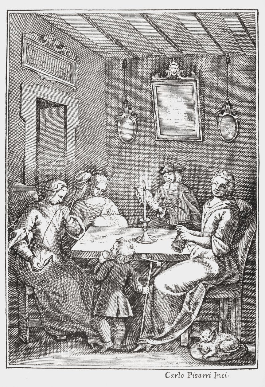 Chiaqlira läser berättelser för en syfest, framsidan av The Pentamerone of Giambattista Basile, 1742 av Italian School