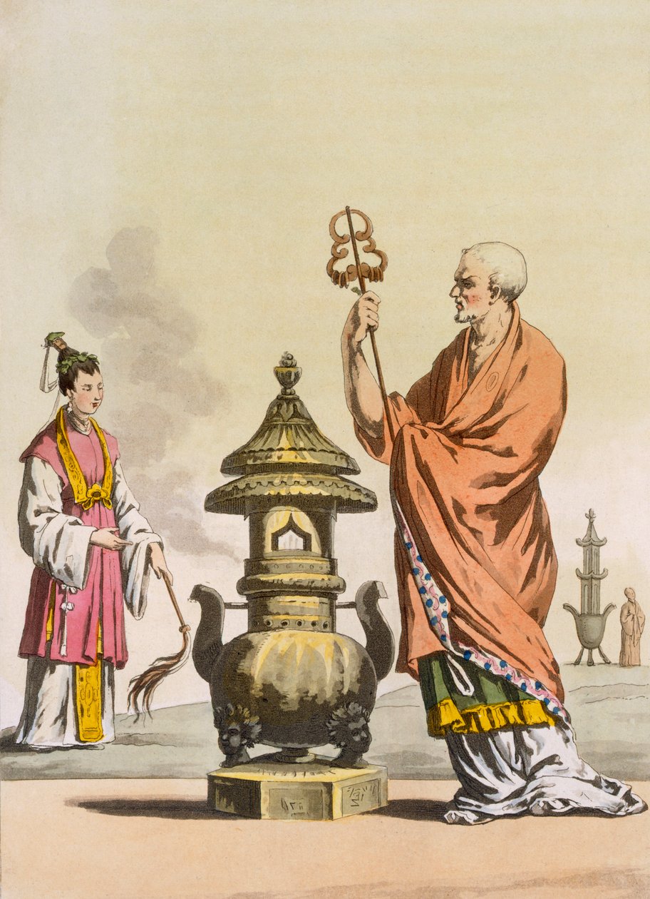 Kinesiska taoistiska religiösa seder: En bonzo i ceremoniella dräkter, c1820-30. av Italian School
