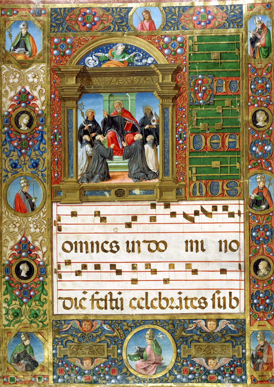 Körminiatyr med St. Benedictus som predikar för munkar (pigment på veläng) av Italian School