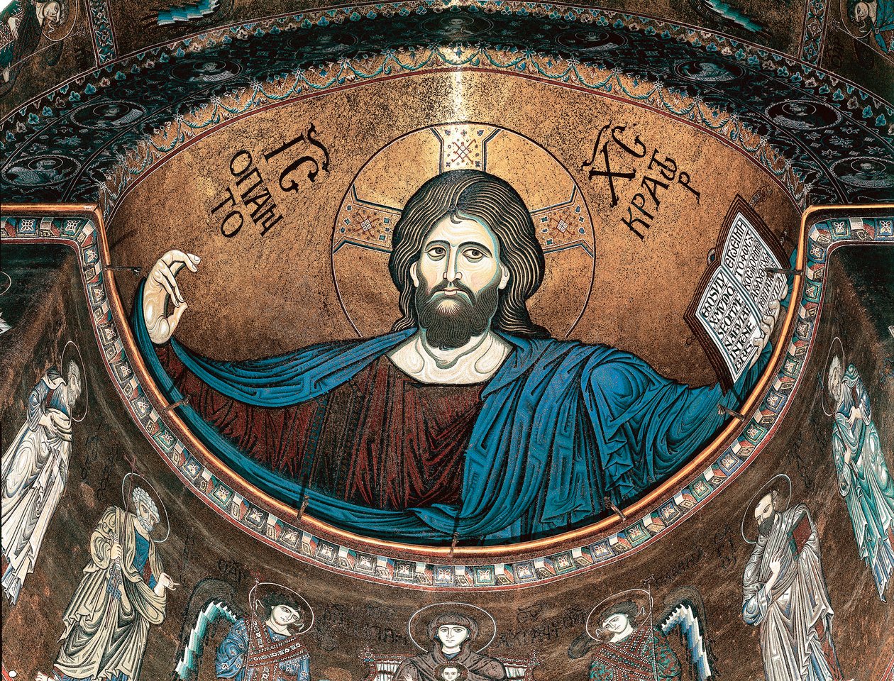 Kristus pantokrator eller Kristus i ära, dekorerar absiden av katedralen i Monreale, Sicilien, Italien av Italian School