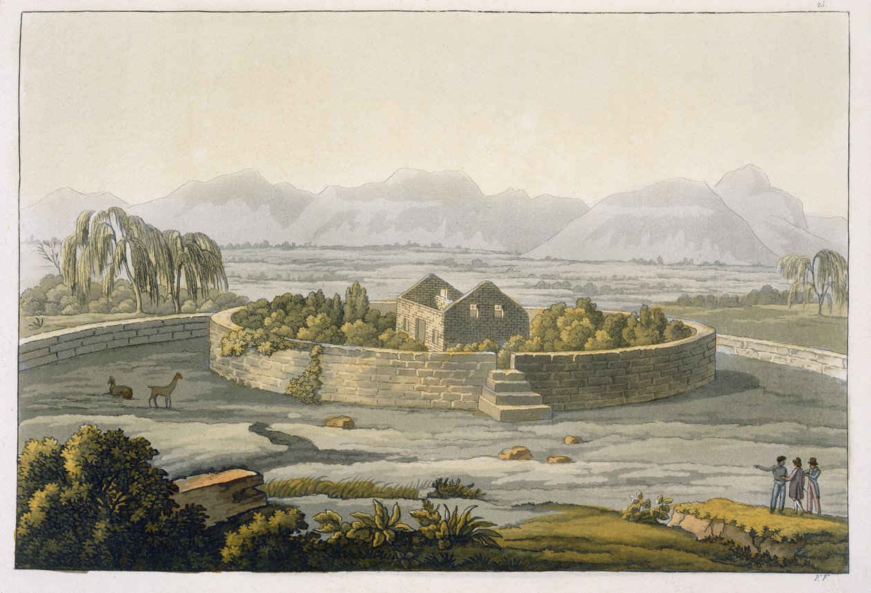 Cirkulär fästning i Cannar, Peru, från Le Costume Ancien et Moderne, Volym II, plåt 1, av Jules Ferrario, publicerad ca 1820-30-talet av Italian School