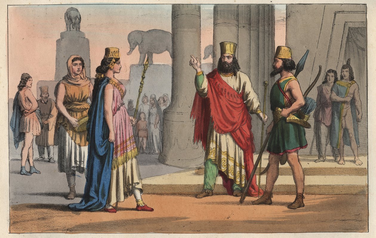 Antikens civilisation - Persiska dräkter - Persiska kläder - gravyr från "" Seder och seder för alla folk i universum. Det är historien om regeringen, om lagarna, om milisen, om religionen för alla nationer från de mest avlägsna tider upp till dagarna av Italian School