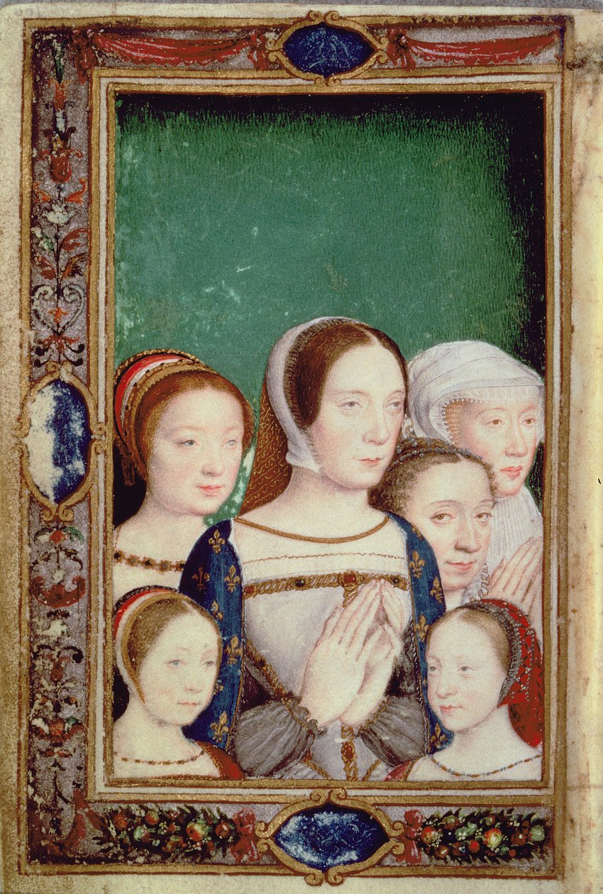Claude av Frankrike, Eleanor av Österrike och Francis I:s tre döttrar, från "Hours of Catherine de Medici" (vellum) av Italian School