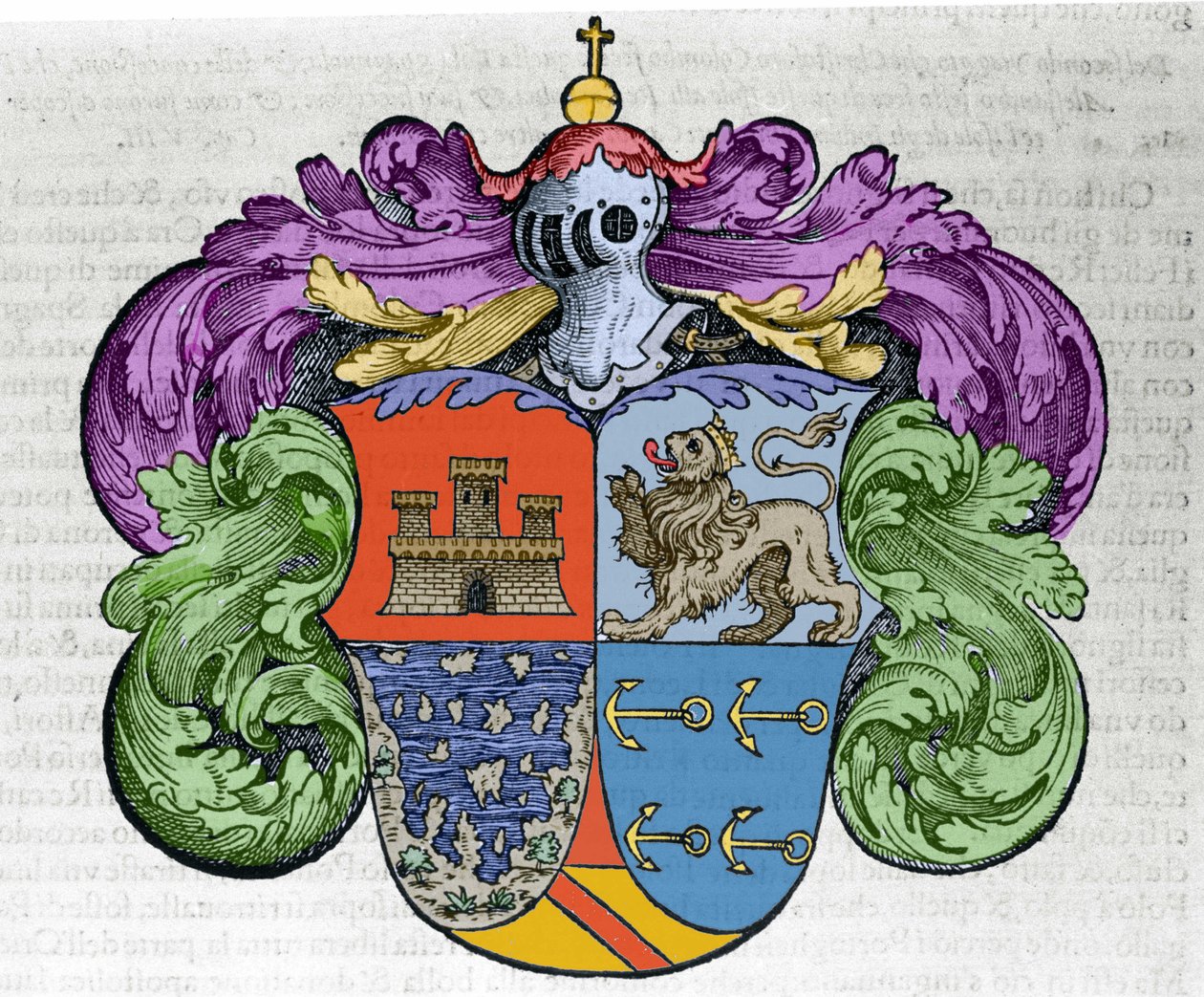 Vapensköld av navigatören Christopher Columbus (1451-1506): de fyra delarna av ecu representerar överst staden Kastilien och León, nedanför de avtäckta öarna och admirautens symbolankare. Gravyr från boken "" Navigationi och Viaggi"" av Italian School