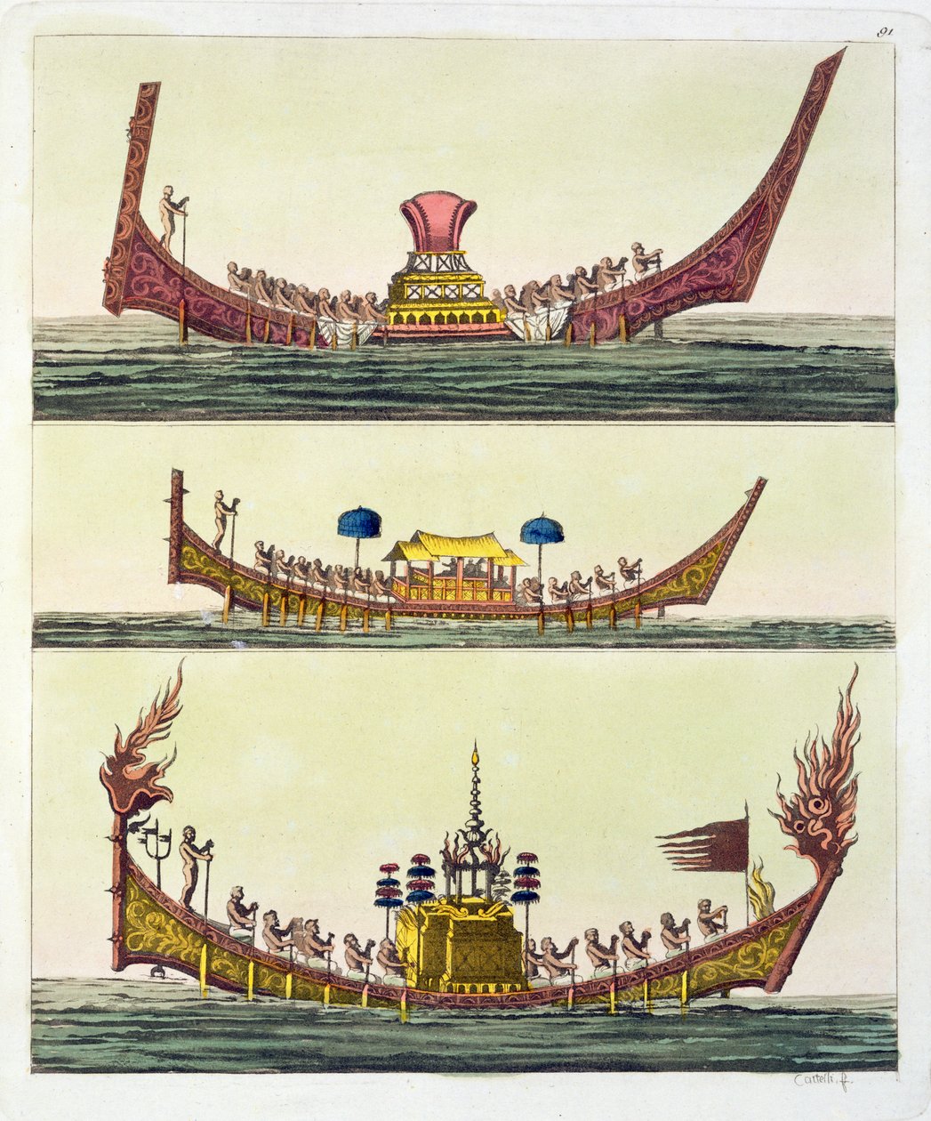 Cochin kinesiska fartyg, illustration från Le Costume Ancien et Moderne av Giulio Ferrario, publicerad ca 1820-30-talet av Italian School