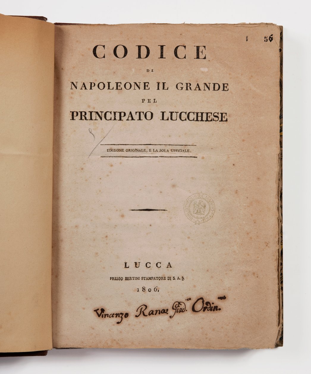 Napoleon den stores kod för furstendömet Lucca, första officiella upplagan, Lucca, Presso Bertini, 1806, och landsbygdskoden för furstendömena Lucca och Piombino, Lucca, Fr. Bertini, 1807 av Italian School