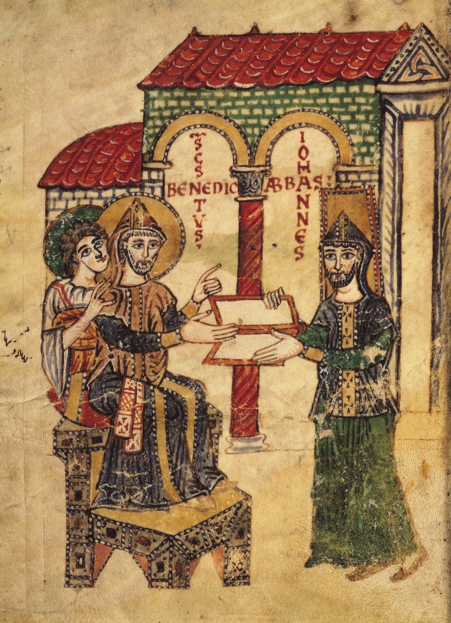 Codex 73 Abbot John erbjuder manuskriptet till St. Benedict (c.480-c.550), abbot och grundare av Montecassino, skriven av diakonen Paul, italienska, 915, från Commentary on the monastic rule of St. Ben av Italian School