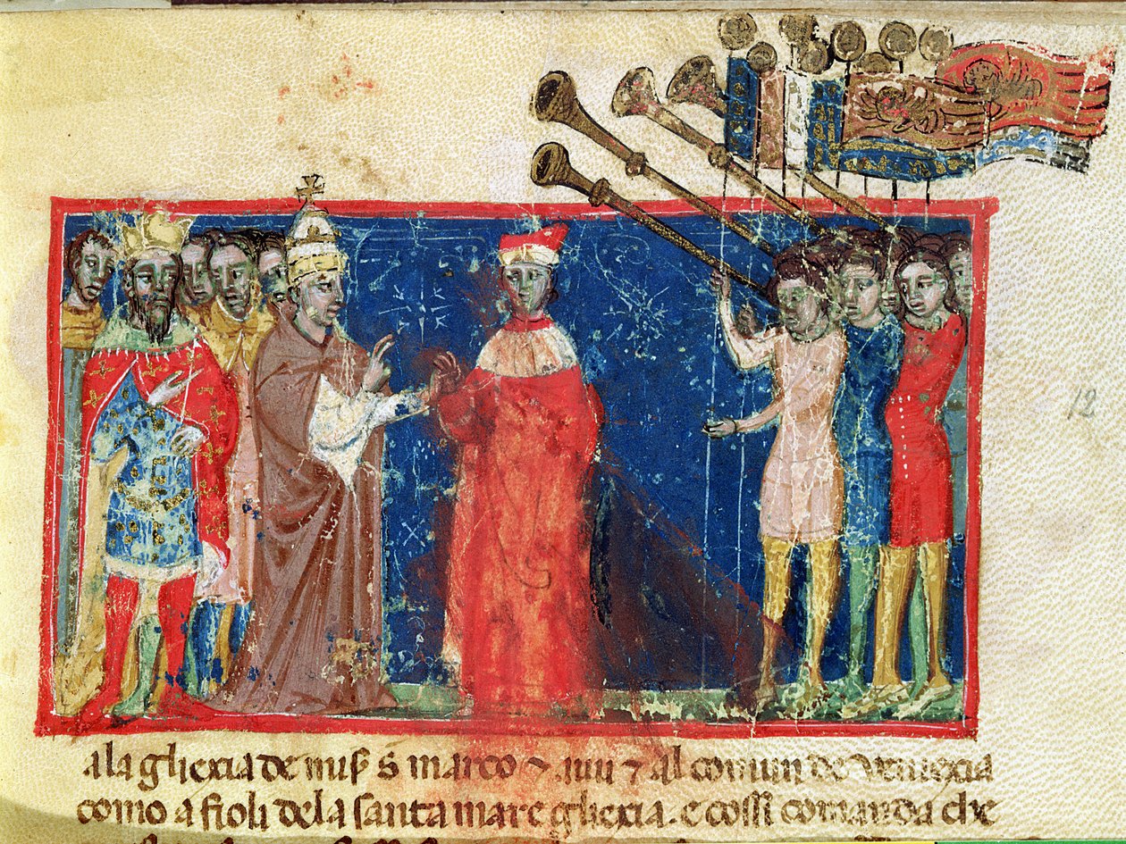 Codex Correr I 383 Doge Sebastiani Ziani får en petition från påven Alexander III (1159-81) och kejsar Fredrik Barbarossa (ca 1123-90) av Italian School