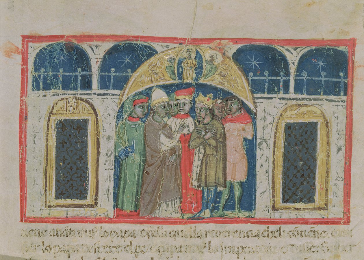 Codex Correr I 383 Freden mellan påven Alexander III (1159-81) och kejsar Fredrik Barbarossa (ca 1123-1190) på Markusplatsen (pergament) av Italian School
