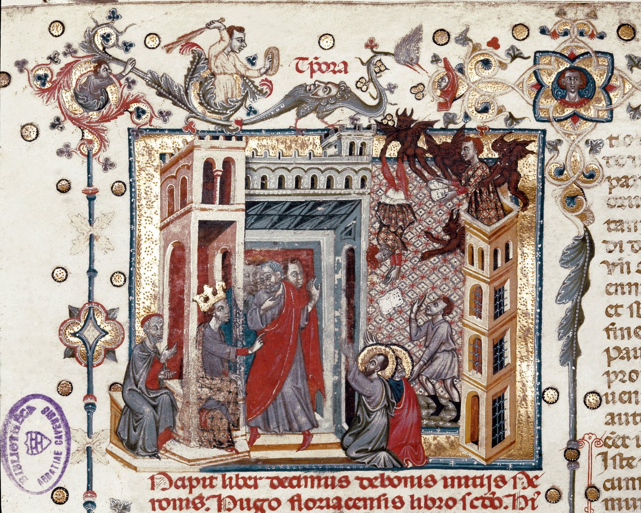 Codices Cavenses, Cod.25 f.181, Simon Magus, the Emperor Nero, and the Apostles, miniatyr från Speculum Historiale, del I, av Vincent de Beauvais, c.1320 (tempera på veläng) av Italian School