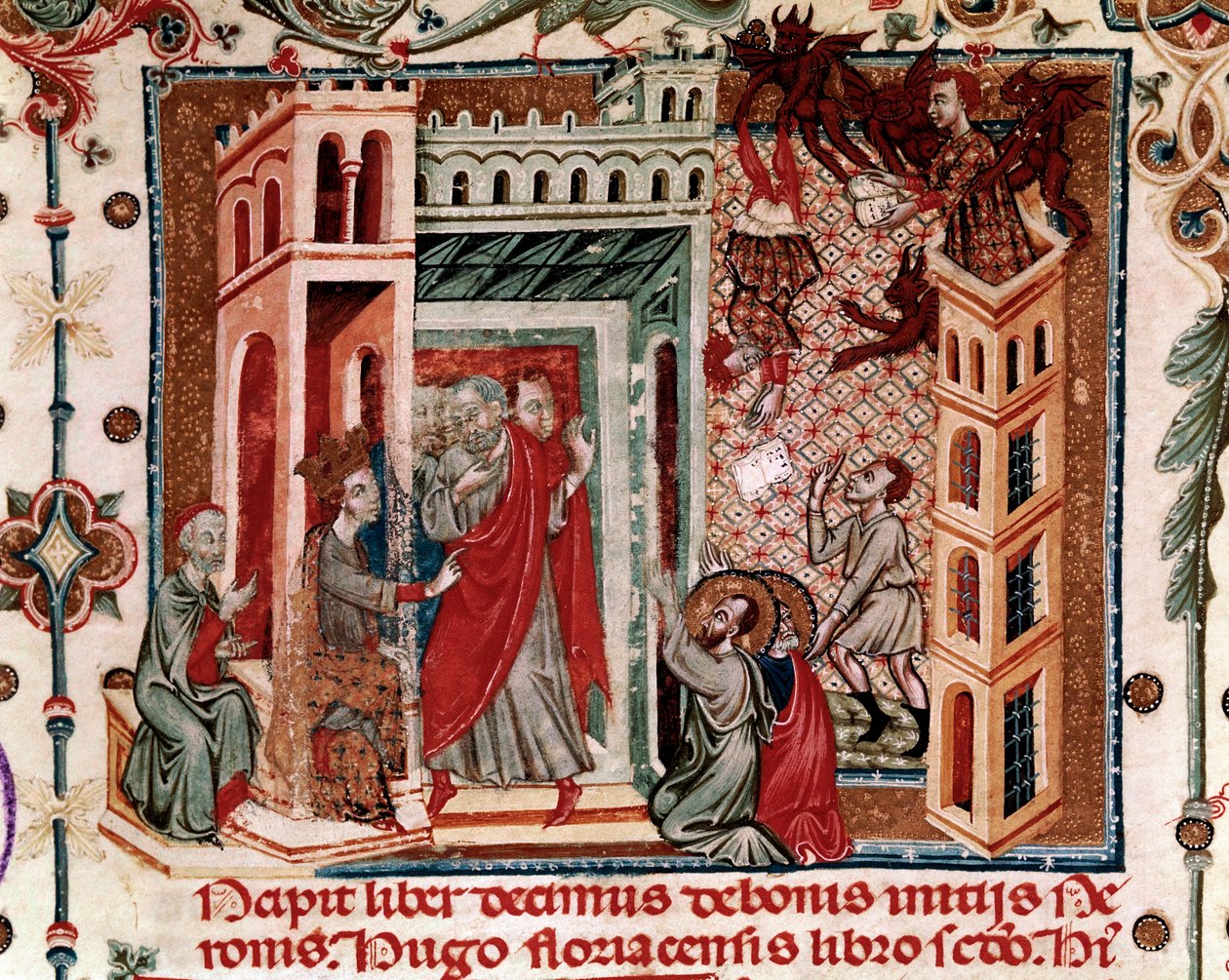 Codices Cavenses, Cod.25 f.181, Simon Magus, the Emperor Nero, and the Apostles, miniatyr från Speculum Historiale, del I, av Vincent de Beauvais, c.1320 (tempera på veläng) av Italian School