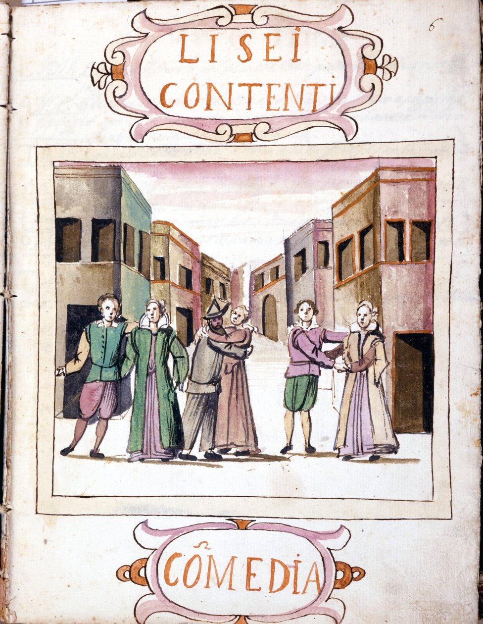 Komedi av Li sei contenti efter manuskriptvolymen "Scenarier av de mest utvalda histrionerna" "(1621 - 1643). Rom, Accademia dei Lincei. av Italian School