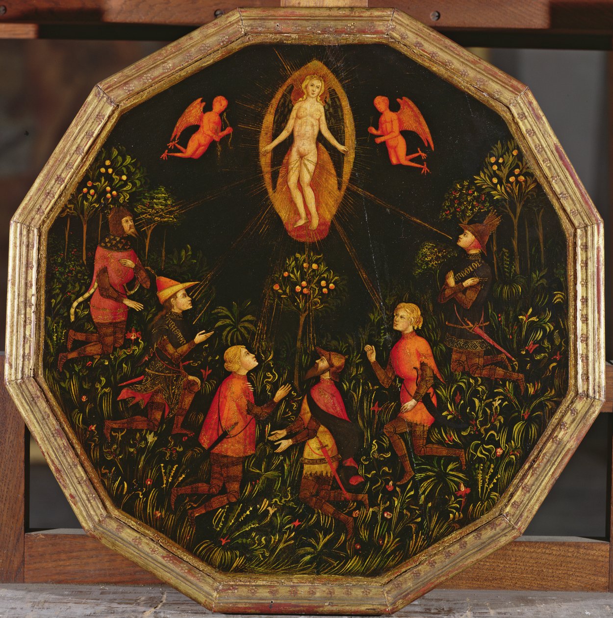 Instängd bricka som visar Venus triumf vördad av sex legendariska älskare: Achilles, Tristan, Lancelot, Samson, Paris och Troilus (olja på panel) av Italian School