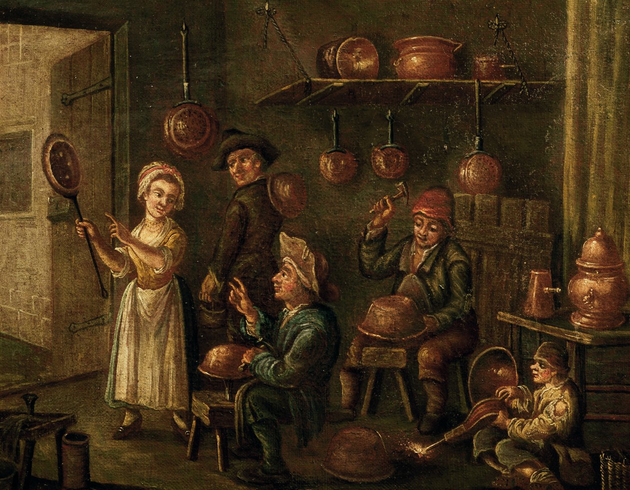 Kopparsmedsverkstad, av okänd venetiansk konstnär, Italien av Italian School