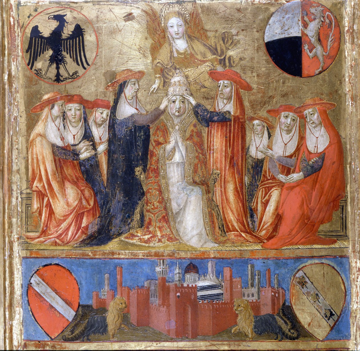 Kröning av Pius II (Enea Silvio Piccolomini) (1405 till 1464). Italiensk påve (1458-1464). På nedervåningen ligger den befästa staden Siena. Bicherna (omslaget till Sienas räkenskapsregister) från 1460. Nationellt arkiv - Museo delle Tavolette de B av Italian School