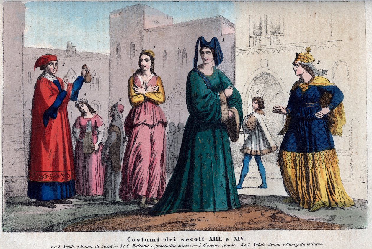 Dräkter i Siena mellan 1300- och 1400-talet - kläder i Siena mellan 1300- och 1400-talet - gravyr från "" Usi e kostymer för alla universums folk. Det är historien om regeringen, lagarna, milisen, religionen för alla n av Italian School