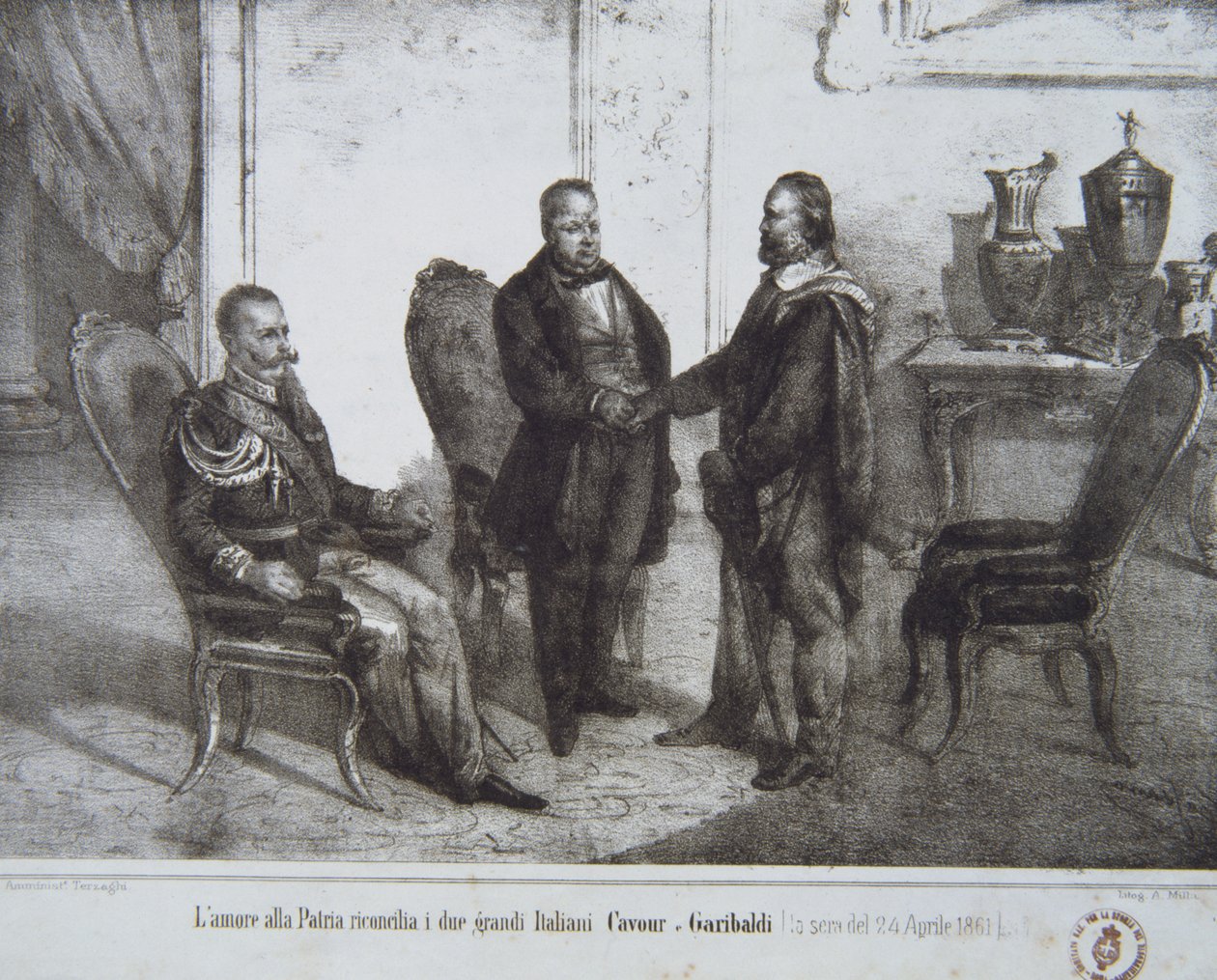 Konciliet mellan Garibaldi och Cavour den 24 april 1861 av Italian School