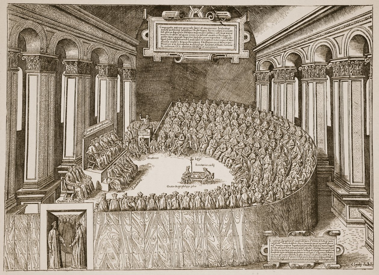 Council of Trent, 1563, från en etsning publicerad i Venedig 1565, illustration från The Church of England: A History for the People av H.D.M. Spence-Jones, pub. ca 1910 (sepiafoto) av Italian School