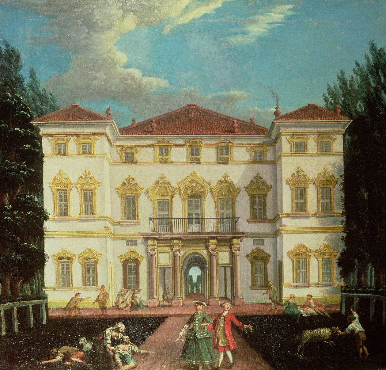 Hus på landet med eleganta figurer (en i ett par) av Italian School