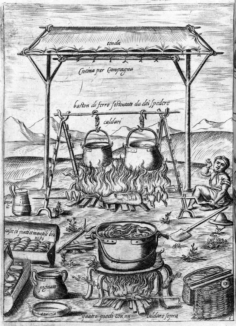 Lantligt kök: kittel och krukor sätts i brand. Gravyr från "Opera", bok om gastronomi uppdelad i 6 delar, av Bartolomeo Scappi, personlig kock av påven Pius V. Venedig av Italian School