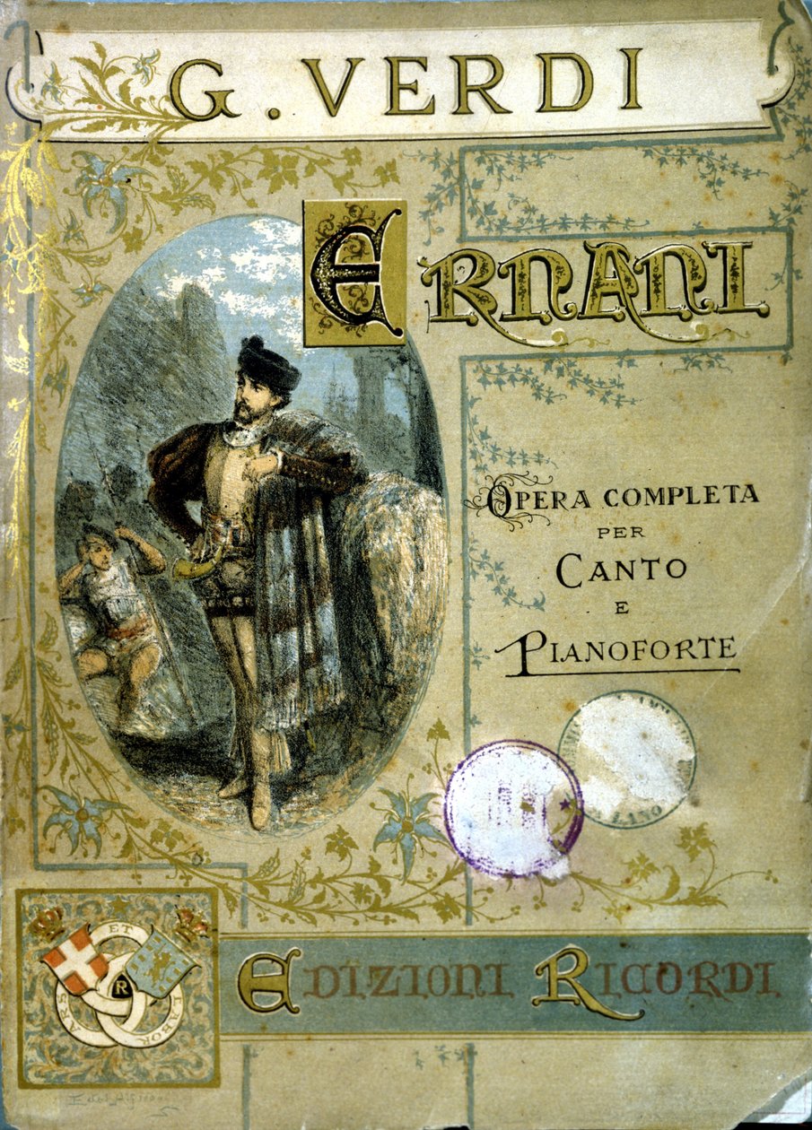 Omslag till partituren för röst och piano av operan ""Ernani"" komponerad 1844 av Giuseppe Verdi (1813 - 1901) efter Victor Hugos tragedi. av Italian School