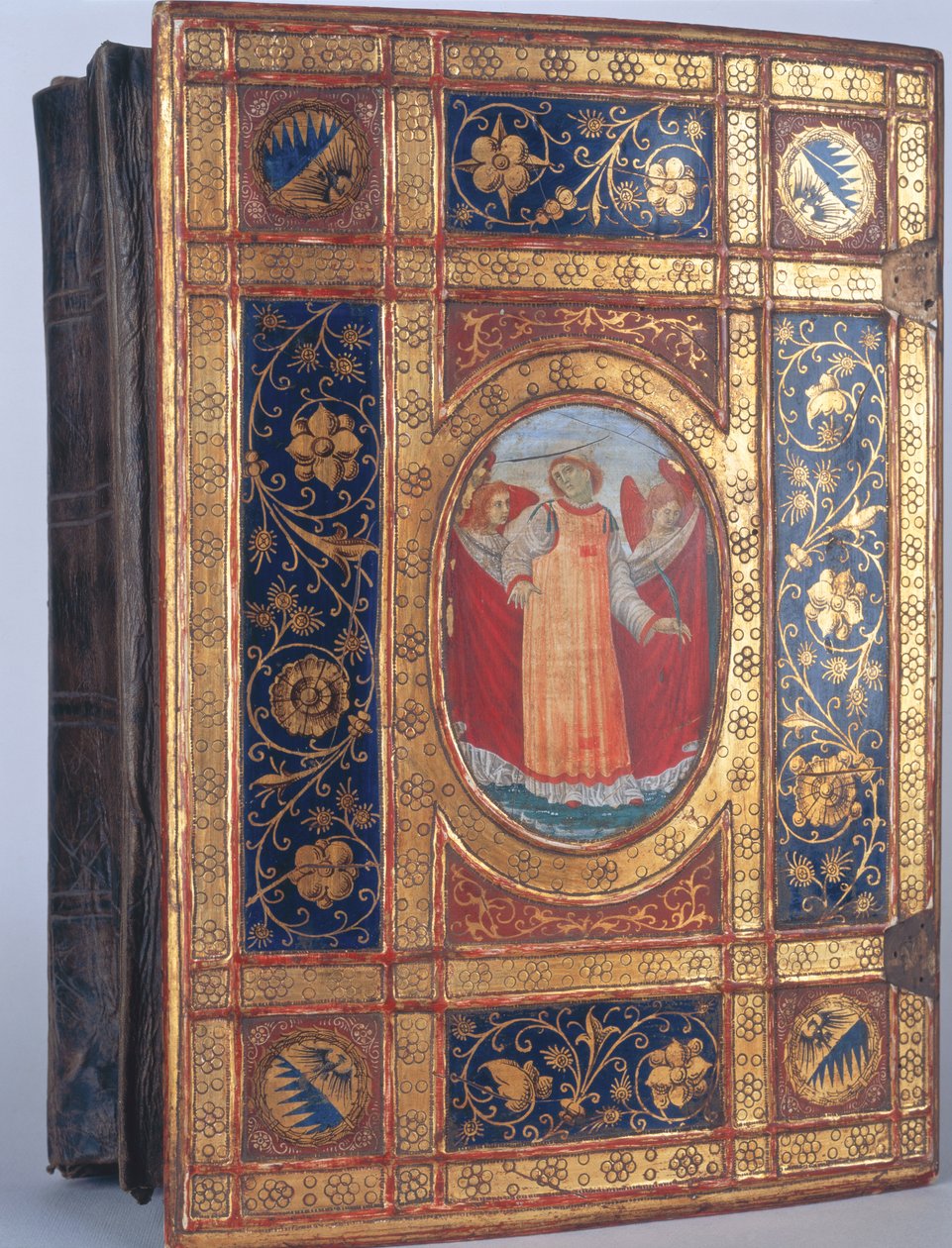 Omslag till ett italienskt manuskript med St. Lawrence (bladguld & polykrom på trä) av Italian School