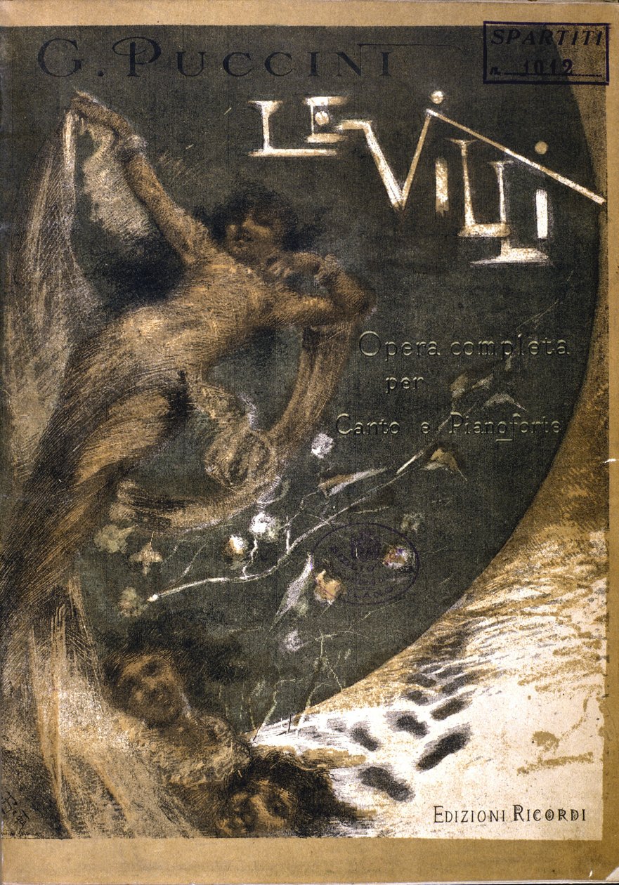 Omslag till partituren till "" Le Villi", Operan (1884) i två akter för Puccinis sång och piano (1858 - 1924). Ricordi Editions. av Italian School