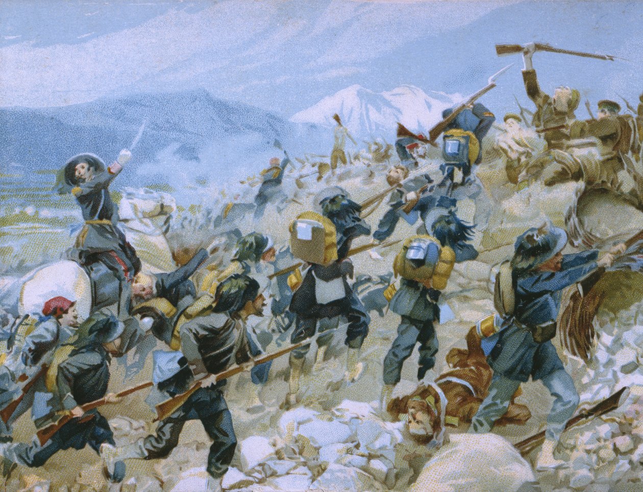 Krimkriget och slaget vid Chernaya, 16 augusti 1855, illustration från ett album om Risorgimentos historia gjord för chokladen Talmone, sent 1800-tal av Italian School