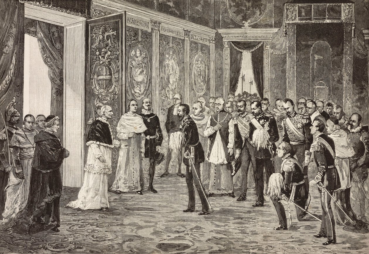 Kronprins av Tyskland (framtida Fredrik III) tas emot av påven Leo XIII i tronrummet, Vatikanen, gravyr från teckning av Ximenes från skiss av Dal Don, från L