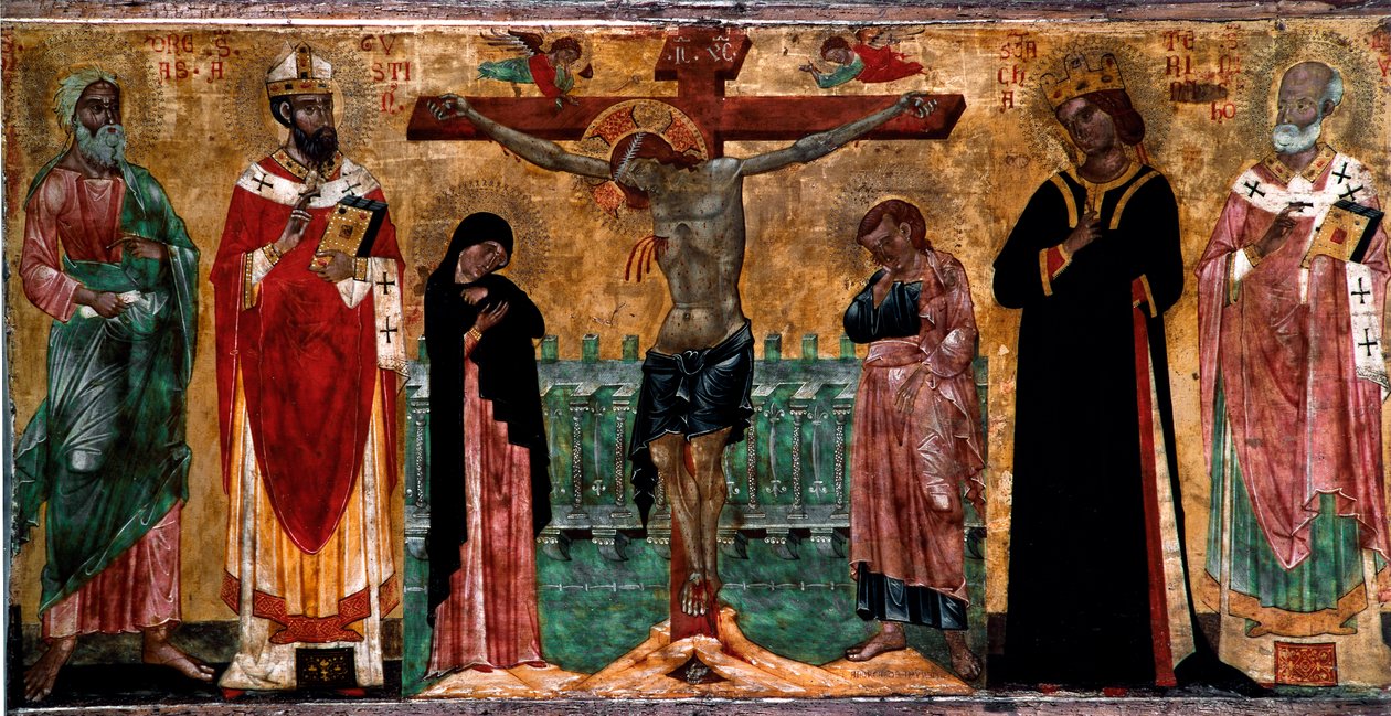 Korsfästelse och helgon Trämålning av anonym konstnär från Venetos bysantinska skola. Dämpa. 61x113 cm Venedig, Museo Correr, n. 381 av Italian School