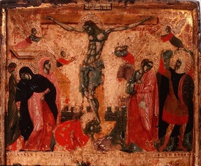 Korsfästelse, övre halvan av en panel (se även 78637) (panel) av Italian School