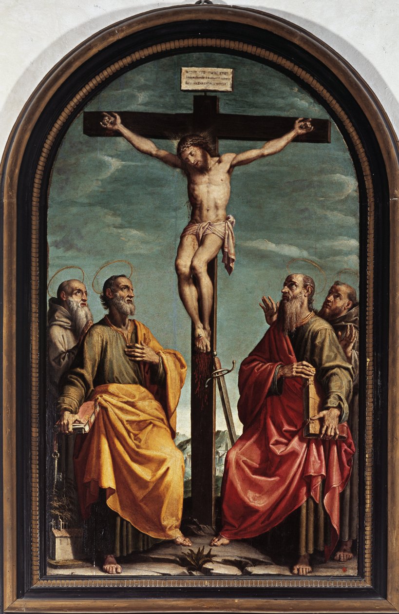 Korsfästelse med Sankt Peter, Paulus, Romualdo och Franciskus (olja på duk av Italian School