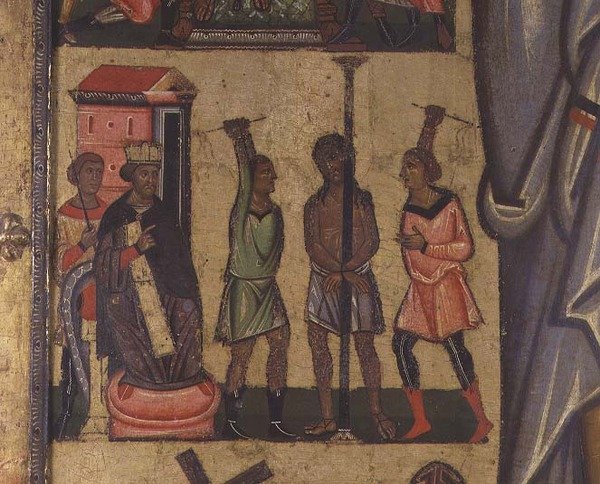 Crucifixion with Stories of the Passion: detalj som visar Kristi flagellation, School of Lucca (tempera på panel) av Italian School