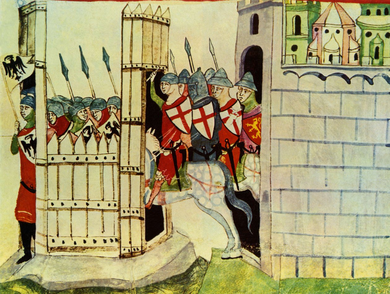 Korsfarare, miniatyr från krönikorna av Giovanni Villani, 1300-talet av Italian School