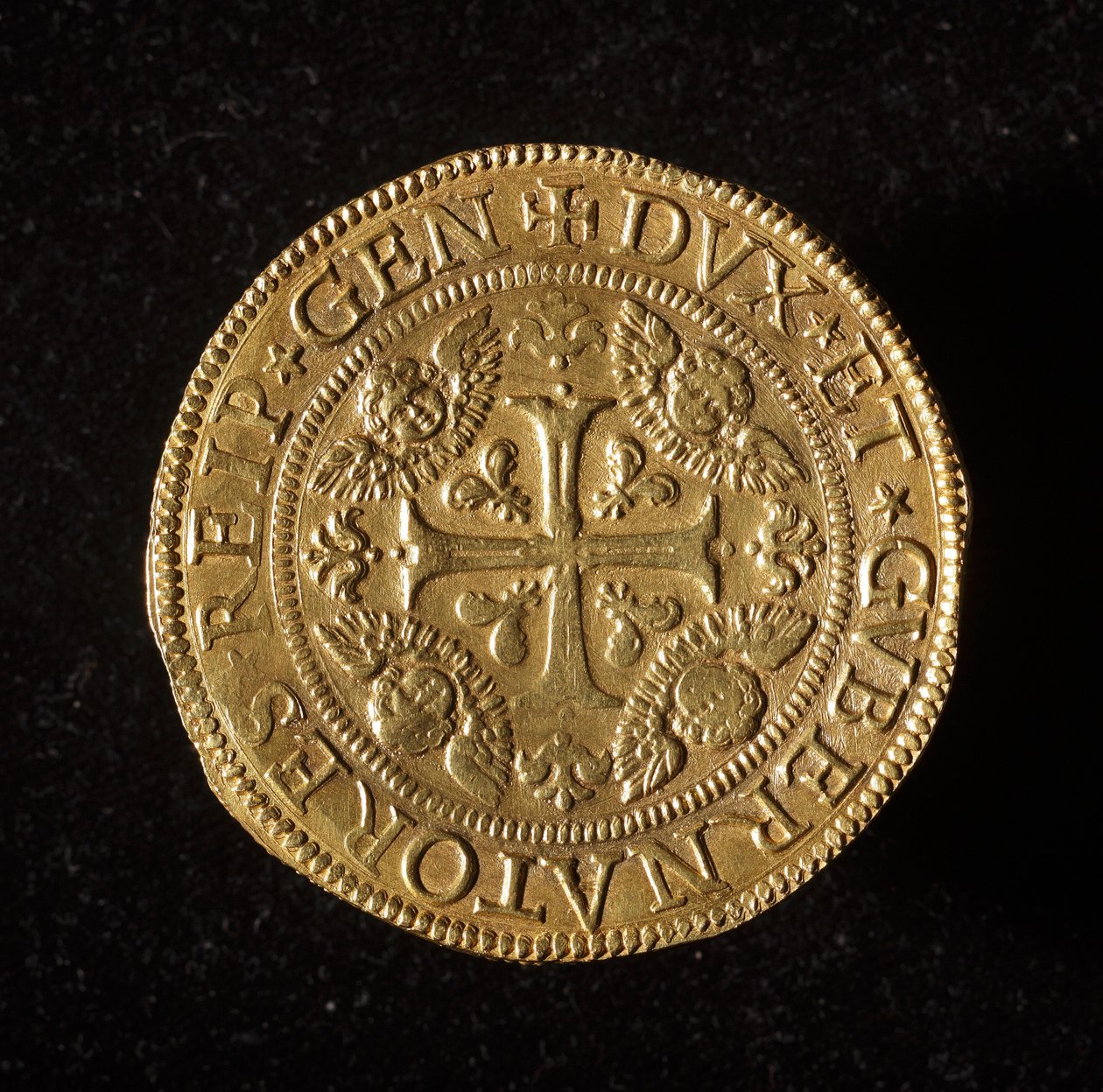 Republiken Genes valuta: 12,5 dubbelt guldmynt. Diameter 61 mm. 1656. framsida. Genes Museum of Strada Nuova (inv. 6456) av Italian School