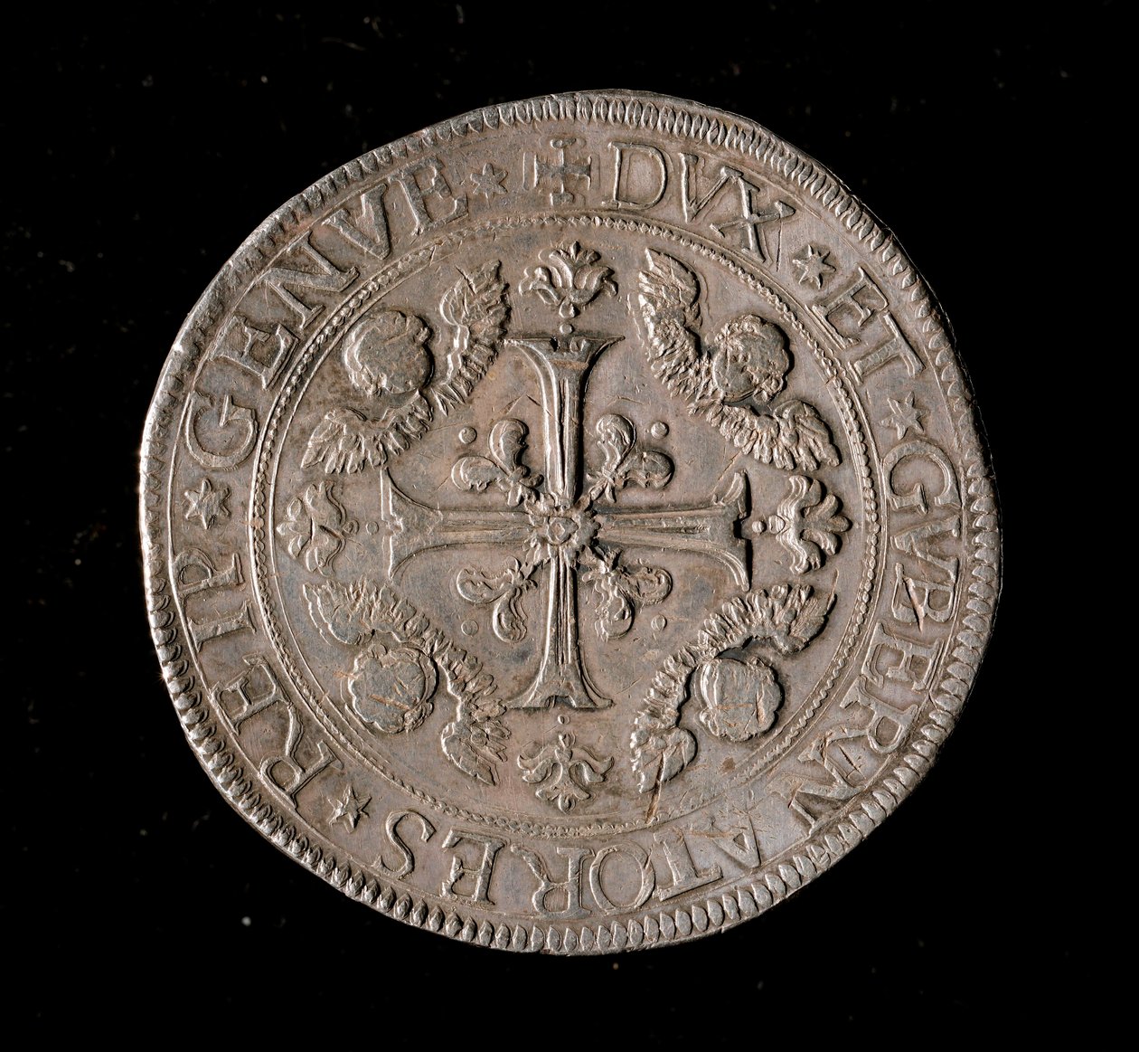 Republiken Genes valuta: fem ecu silvermynt. Diam. 61 mm. 1693. Framsida. Genes Musei di Strada Nuova av Italian School