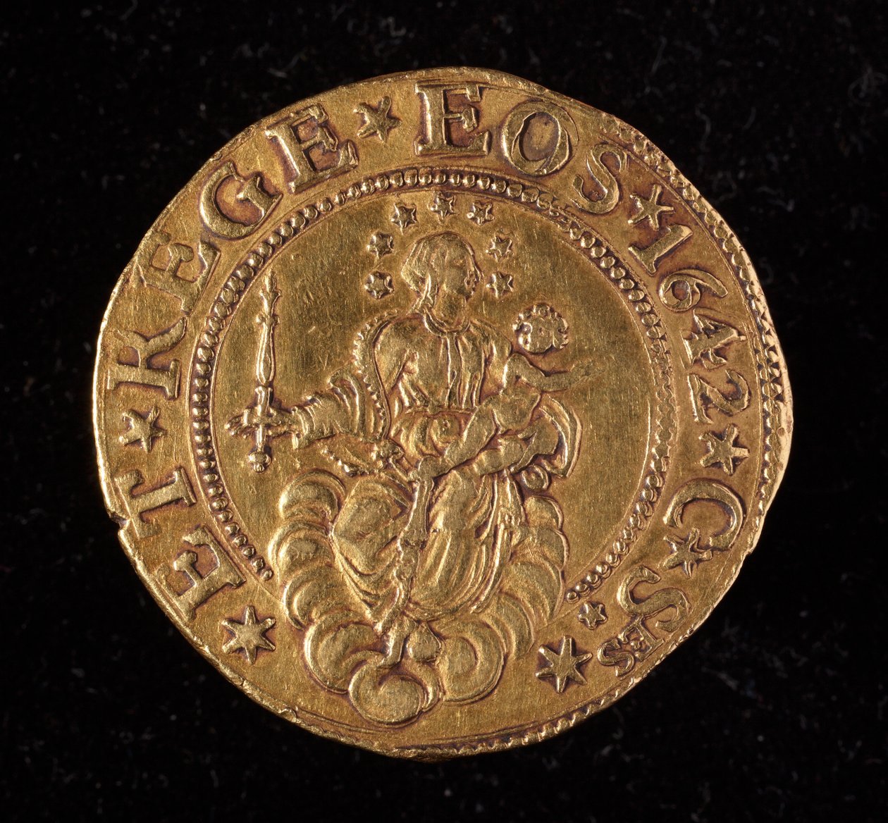 Republiken Genes valuta: dubbla fem guldmynt. Diameter 41 mm. 1642. tillbaka. Genes Museum of Strada Nuova av Italian School