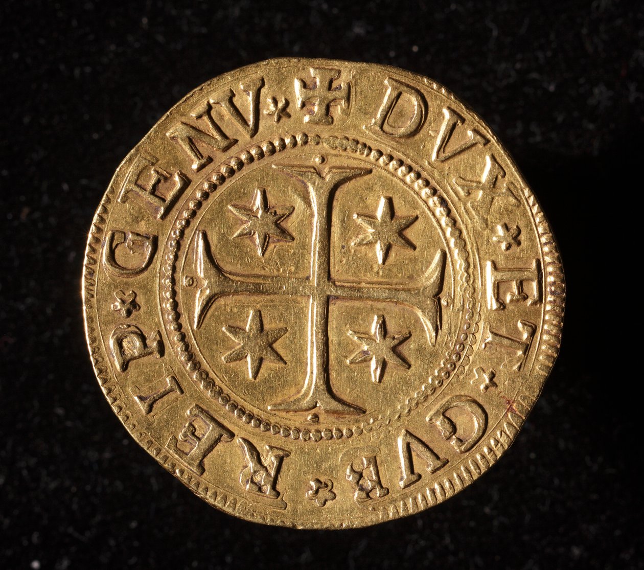 Republiken Genes valuta: dubbla fem guldmynt. Diameter 41 mm. 1652. Framsida. Genes Museum of Strada Nuova av Italian School