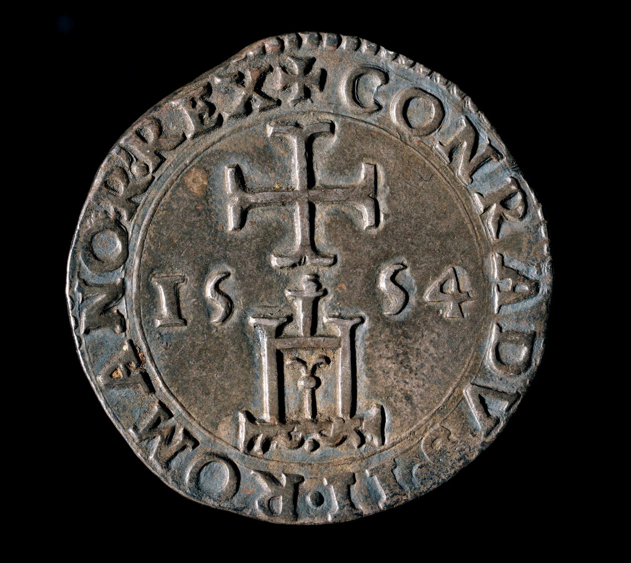 Republiken geners valuta: silverteston (eller testen) från Benediction. Front som representerar Genuaportalen under ett kors. 1554 Genes, Musei di Strada Nuova av Italian School