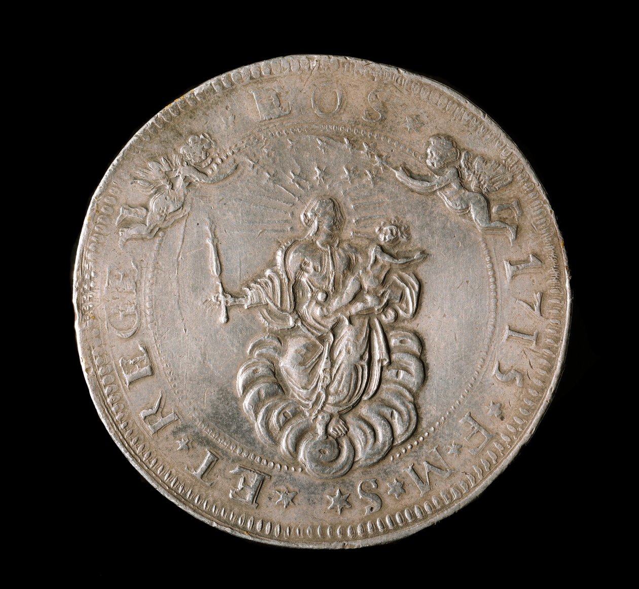 Republiken Genes valuta: sex ecu silvermynt. Diam. 61,5 mm. 1715. Framsida. Genes Musei di Strada Nuova (inv, M7156) av Italian School