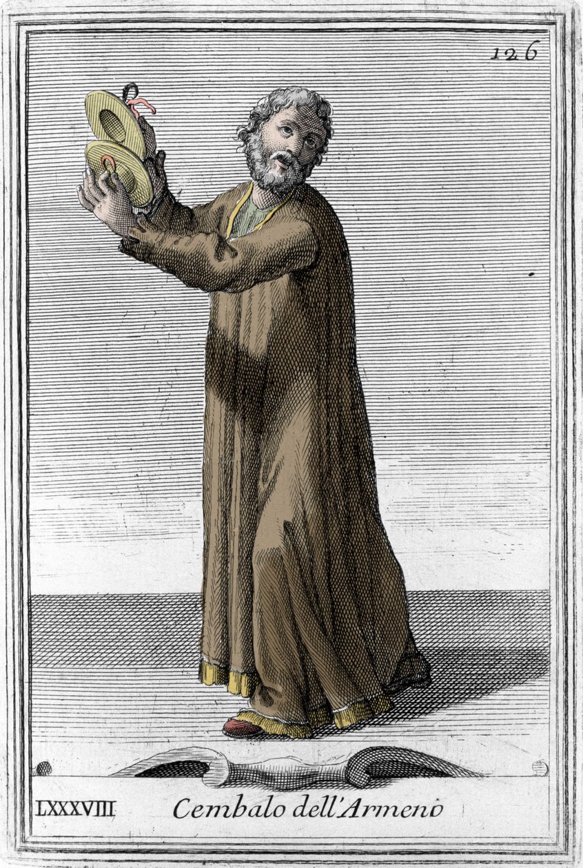 Cymbaler av armeniskt musikinstrument med slagverk. Gravyr från "Gabinetto Armonico pieno d