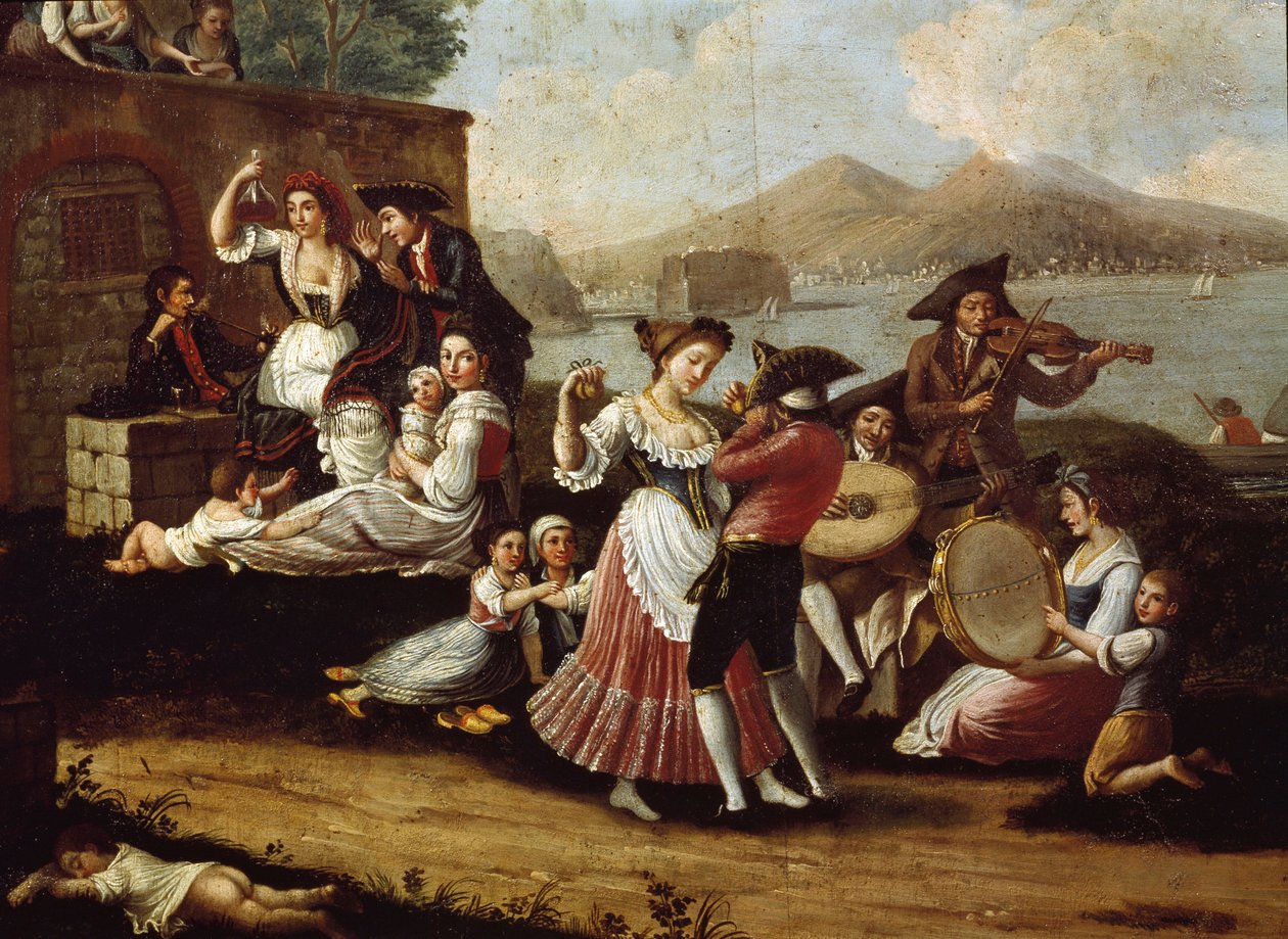 Dansscen och populär fest i Neapel Dancers of tarantella (tarantella, tarantella). Anonym målning. Neapel från 1700-talet, San Martinos nationalmuseum av Italian School