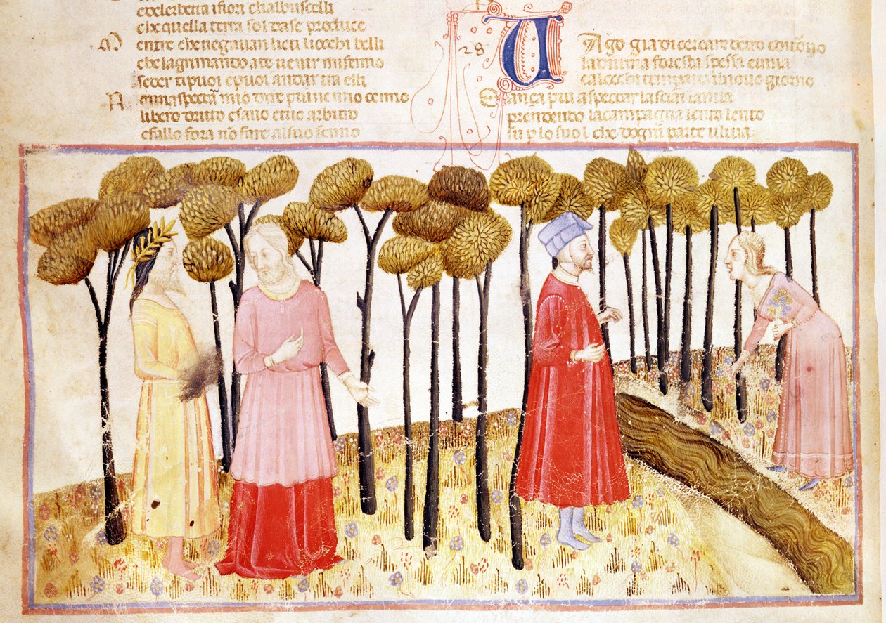 Dante och Vergilius (70-19 f.Kr.) vid skärseldens toppmöte, från The Divine Comedy av Dante Alighieri (1265-1321) av Italian School