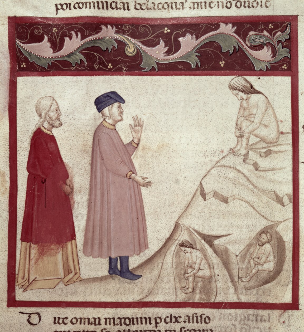 Dante och Vergilius (70-19 f.Kr.) möter själarna som är fängslade i klipporna, från The Divine Comedy av Dante Alighieri (1265-1321) av Italian School