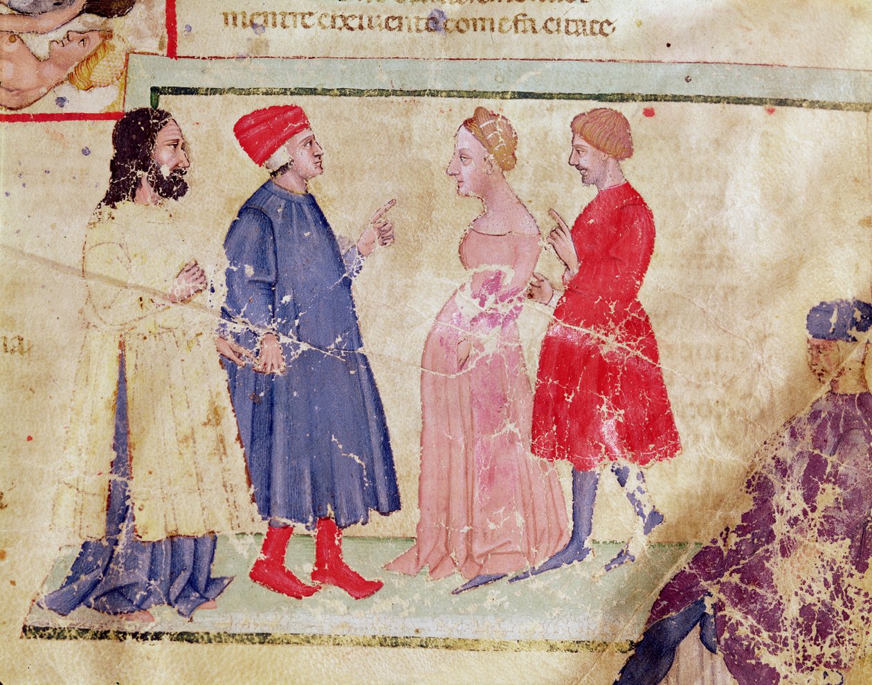 Dante och Vergilius (70-19 f.Kr.) med Francesca da Rimini och Paolo Malatesta, från Den gudomliga komedin av Dante Alighieri (1265-1321) av Italian School