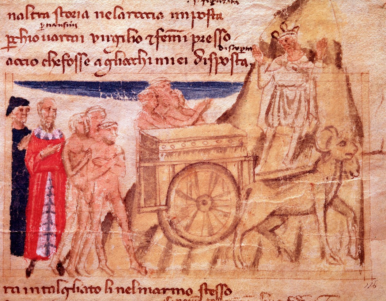 Dante och Vergilius och vagnen och oxarna som drar arken (sång X från skärselden, i den gudomliga komedin) - miniatyr av Italian School