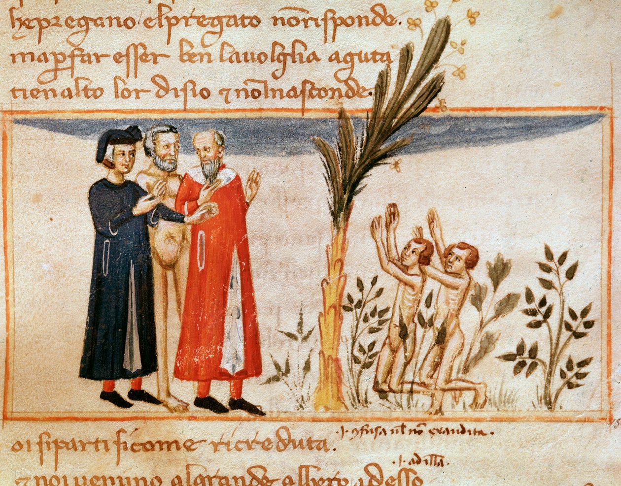 Dante och Virgil möter Forese de Donati med det frossande (låt 23 från skärselden, i den gudomliga komedin) - Minature av Italian School